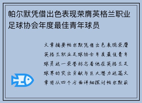 帕尔默凭借出色表现荣膺英格兰职业足球协会年度最佳青年球员